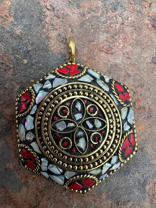 58 MM MOP & CORAL TIBETAN PENDANT