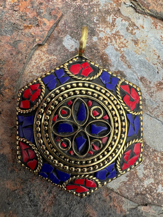 58 mm Lapis/ Coral Tibetan Pendant