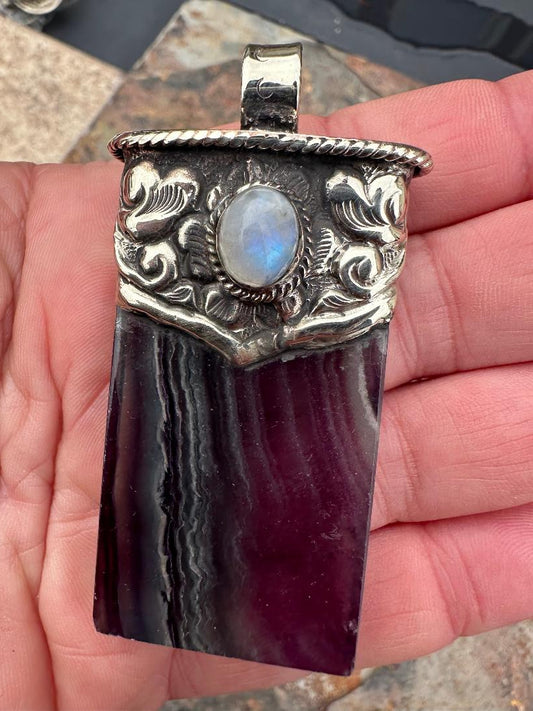 72X30 mm Rainbow Flourite & Moonstone Tibetan Pendant