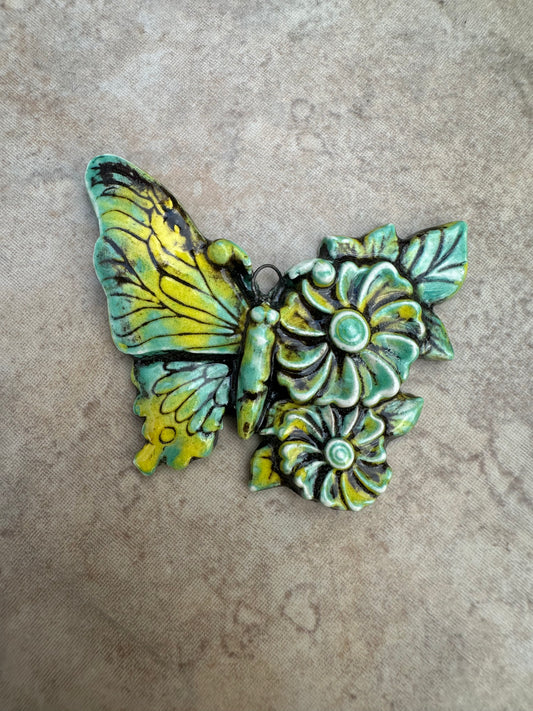 Yellow & Teal Butterfly with Flower Wing