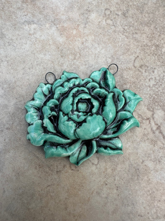 Teal Peony Ceramic Artisan Flower Pendant